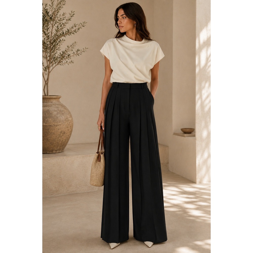 Commense Wide Leg Pleated Palazzo Pants Black High Waisted Elegant Flowy Size XS